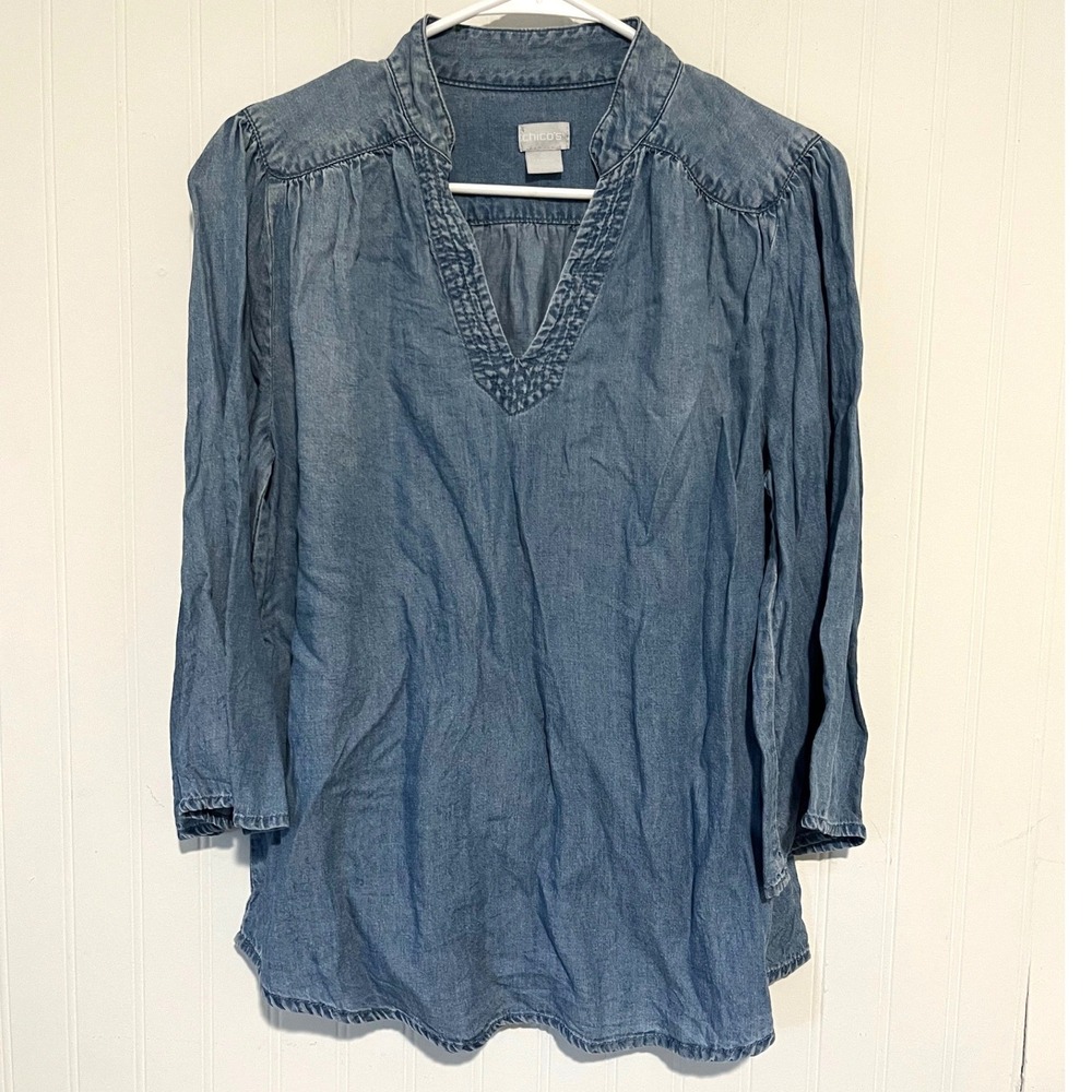 Chico's Chambray Top Women Size 0 S Blue Lyocell Linen V-Neck Tunic